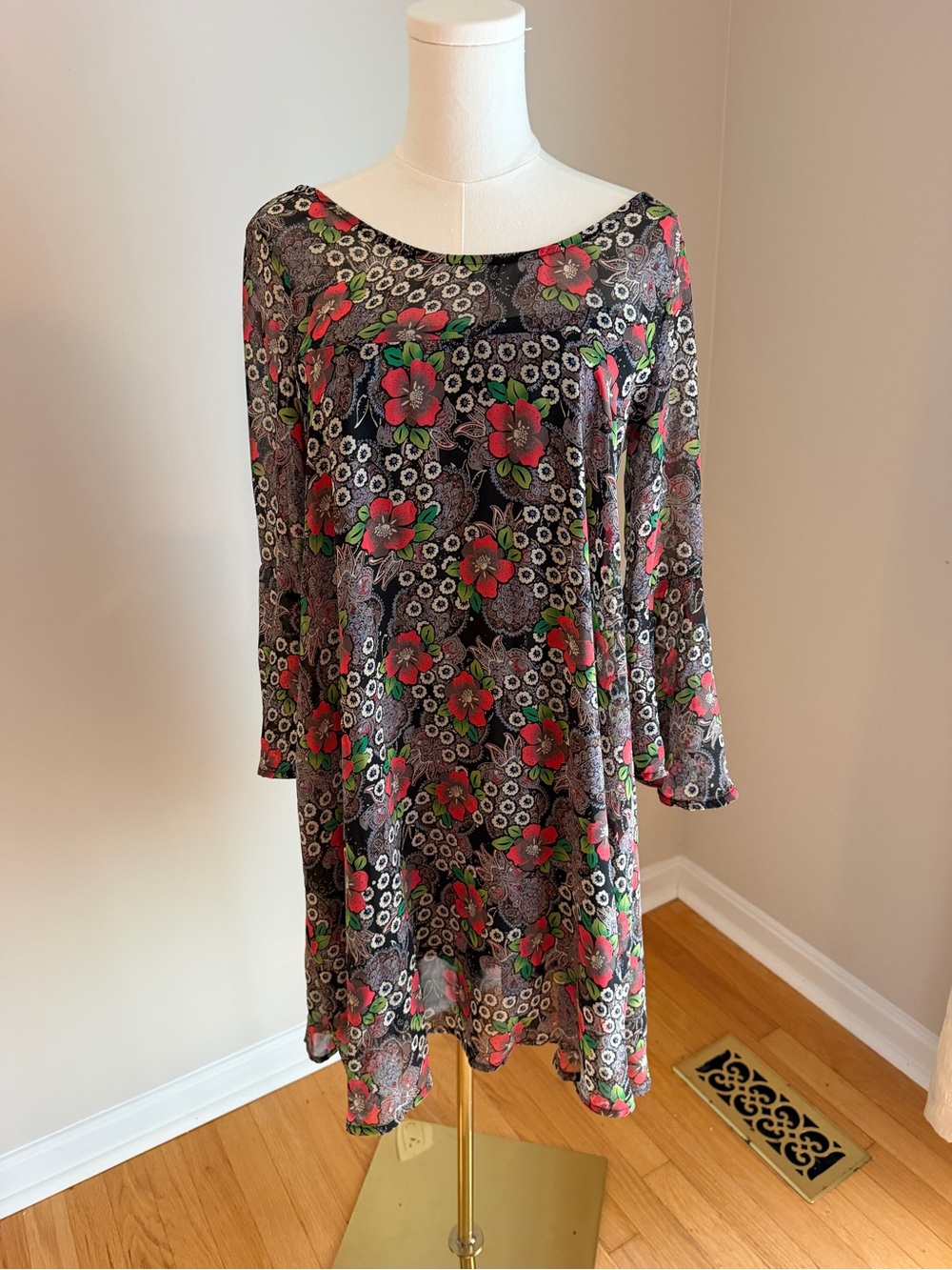 My Story Black Floral Swing Dress with Red and Green Accents